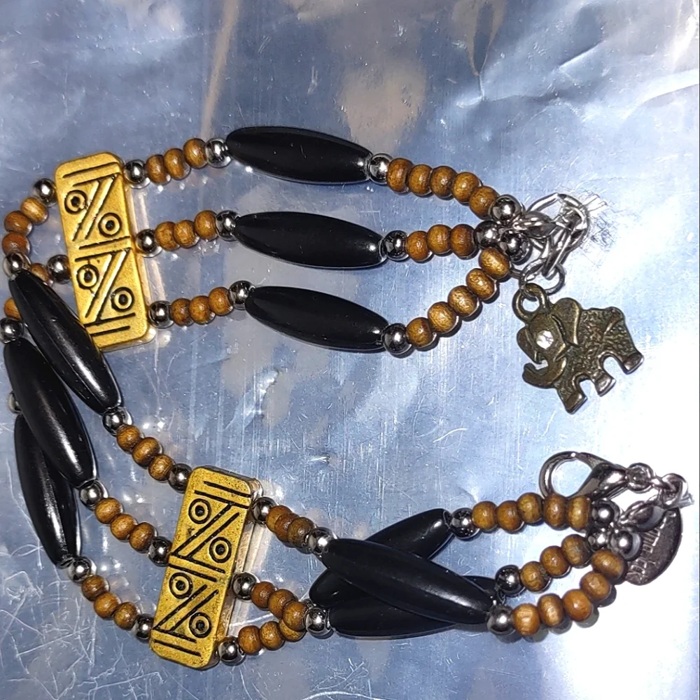 Tri-strand Black Beaded Wooden Beads Antique Gold Bracelet Elephant Charm